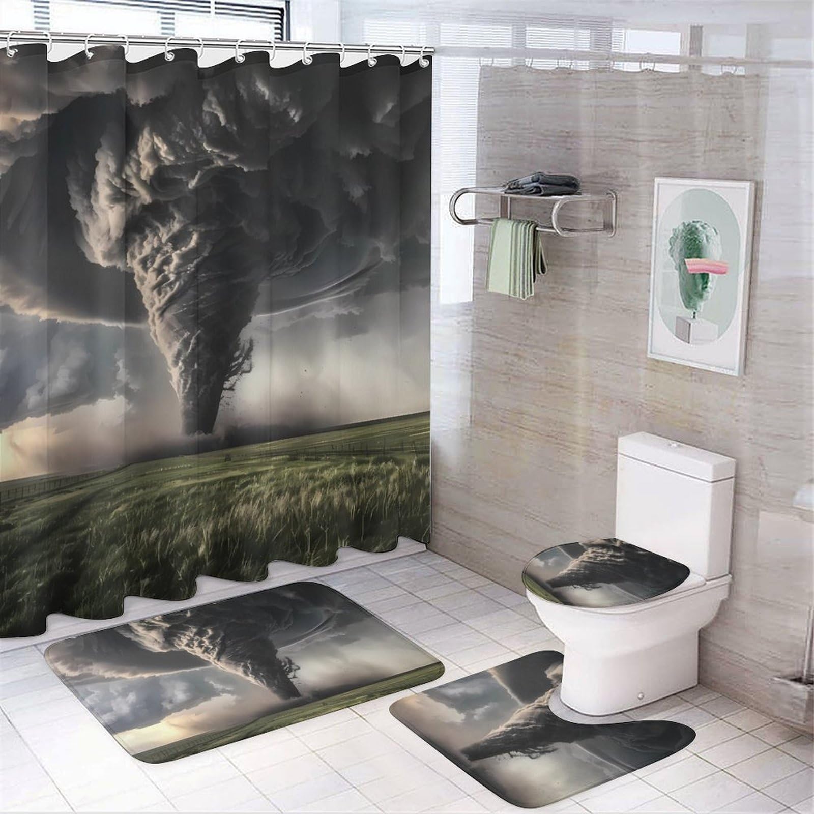 CGSBNGHA Powerful Tornado Shower Curtain Set 4 Piece Bathroom Sets with Rugs Toilet Lid Cover And U-Shaped Floor Mat