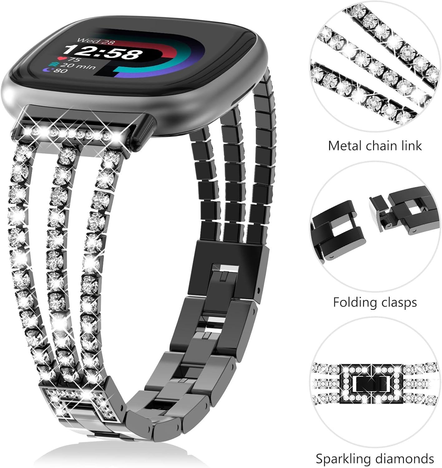 FULLIFE Compatible with Fitbit Versa 3/Fitbit Versa 4 Chain with Crystal Diamond Bling Metal Link Bracelet Strap Steel Fitbit Sense/Fitbit Sense 2 Band for Women, Black - Image 6