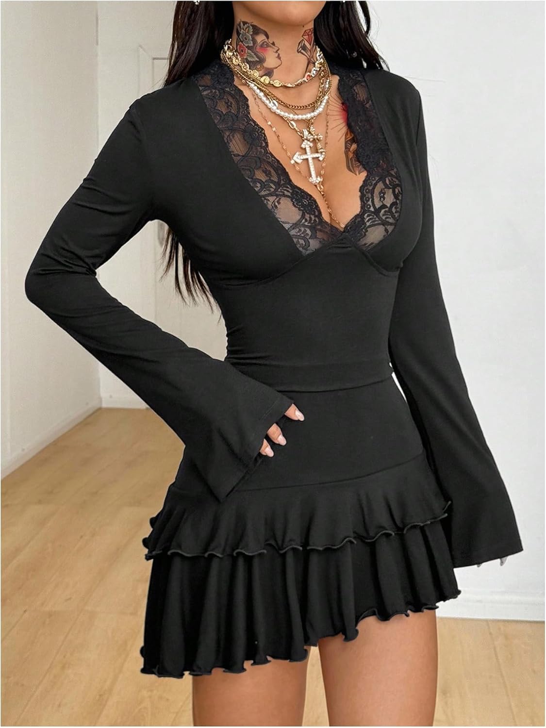 Women's Y2k Lace Dress Long Sleeve V Neck Ruffle Layered Asymmetrical Fitted Mini Dresses - Image 4