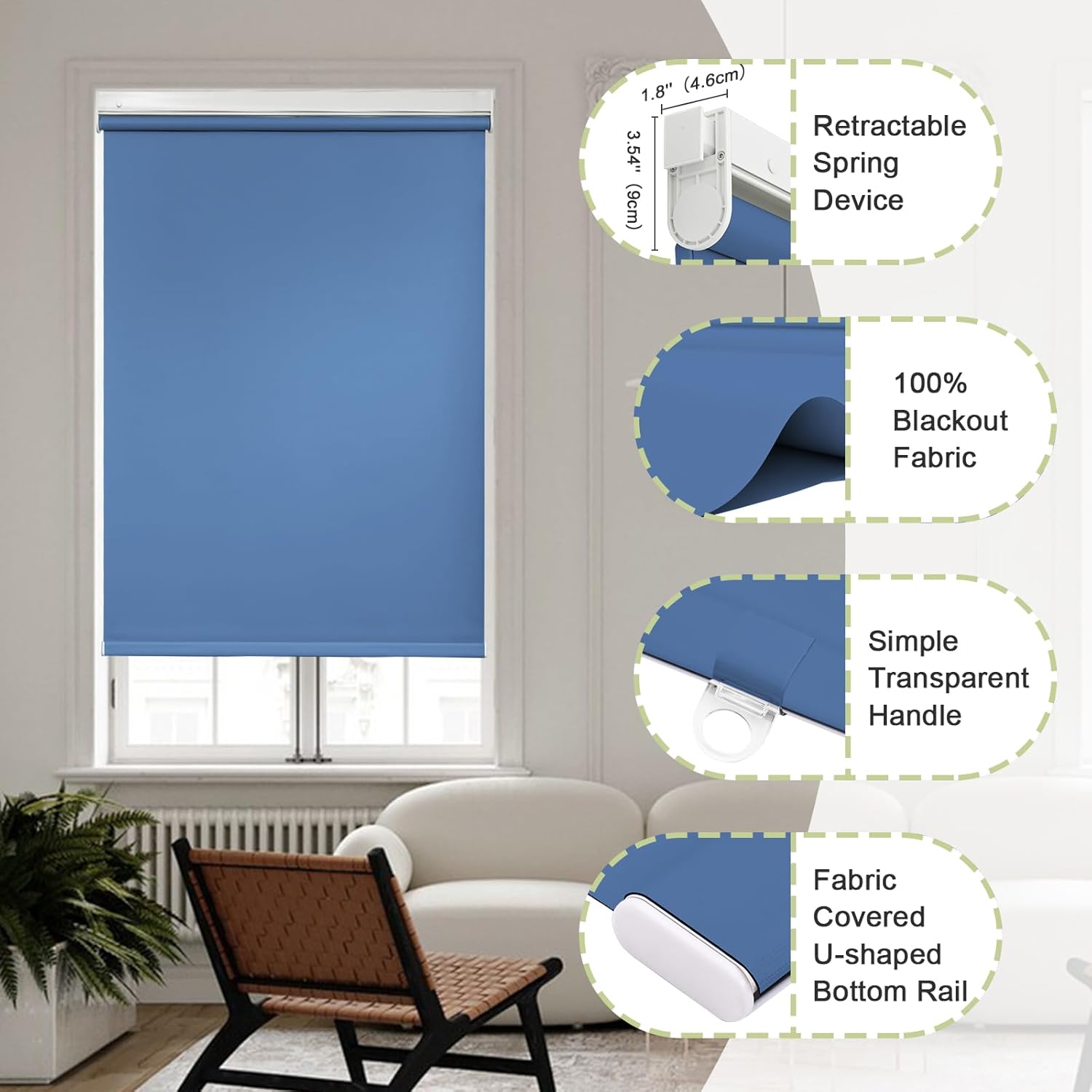 Cordless 100% Blackout Roller Shades Roller Blinds Pull Down Shades for Windows No Drill Easy Install Thermal Insulated UV Protection Room Darkening Window Covers for Home Bedroom Office,Blue