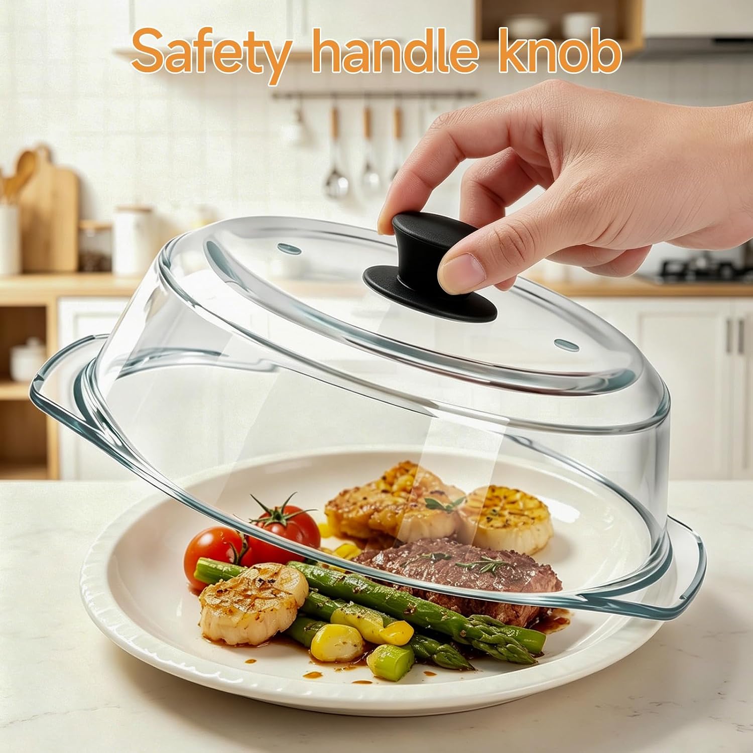 10" Tall Glass Microwave Splatter Cover with Silicone Handle, Borosilicate Glass Microwave Cover for Food, 2 Steam Vents, Dishwasher Safe & BPA-Free