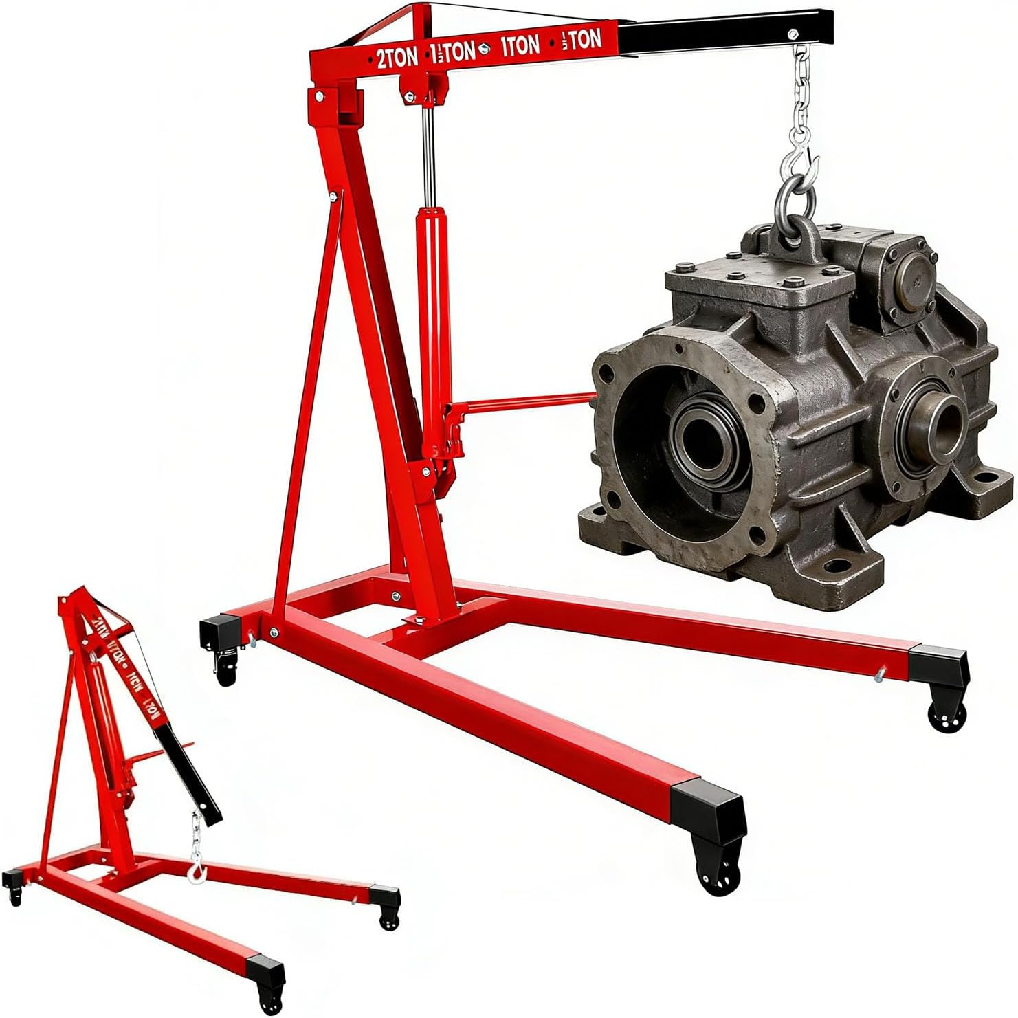 4400 LBS Engine Hoist, Heavy Duty Alloy Steel Cherry Picker Engine Hoist, with Lever and 4 Steel Caster, Non-Folding Engine Shop Crane Hoist Lift, for Garage and Workshop(Red)