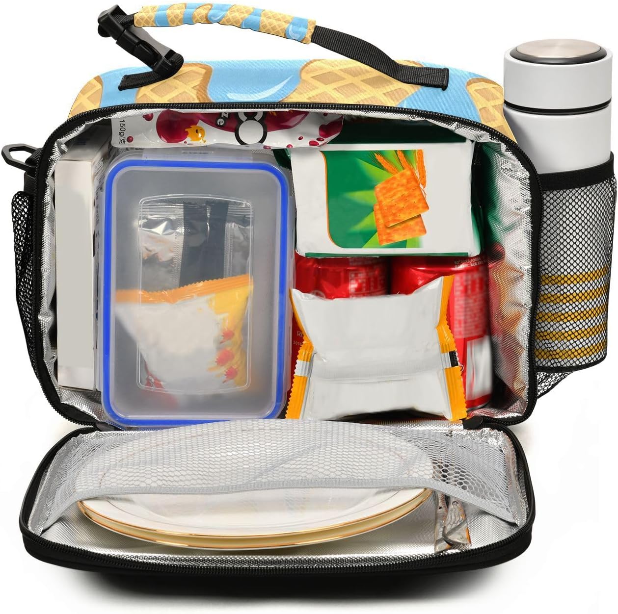 ALAZA Blue Ice Cream Lunch Box for Girls Kids Insulated Lunch Bag Boys Lunchbox Reusable Cooler Tote Freezable Shoulder Strap for School Picnic