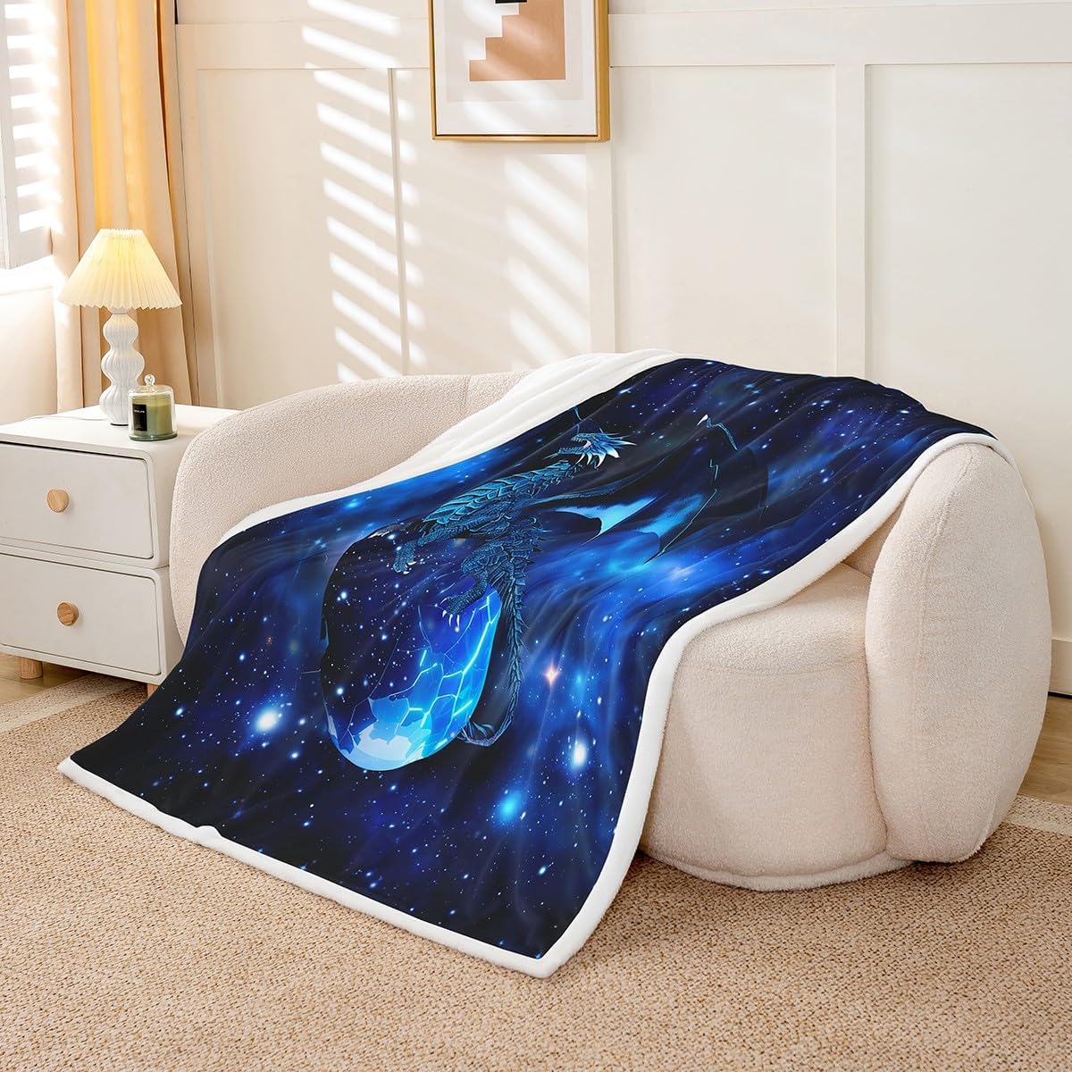 Galaxy Dragon Sherpa Blanket Chic Outer Space Starry Sky Fleece Throw Blanket Jungle Animals Dragon Fuzzy Blanket for Bed Soft Couch Children Bedroom Decor Blue Black Plush Blanket Twin 60"x80"