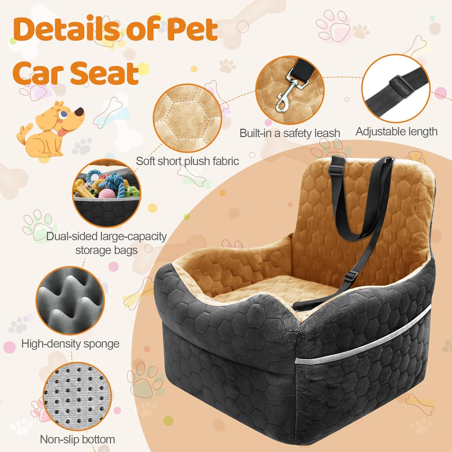 Dog Car Seat for Small/Medium Dogs - Puppy Car Seat Under 35 lbs with Thick Elevated Cushion & Safety Belt for Travel - Detachable & Washable Dog Booster Seat with 2 Sides Storage Pockets(Black/Brown)