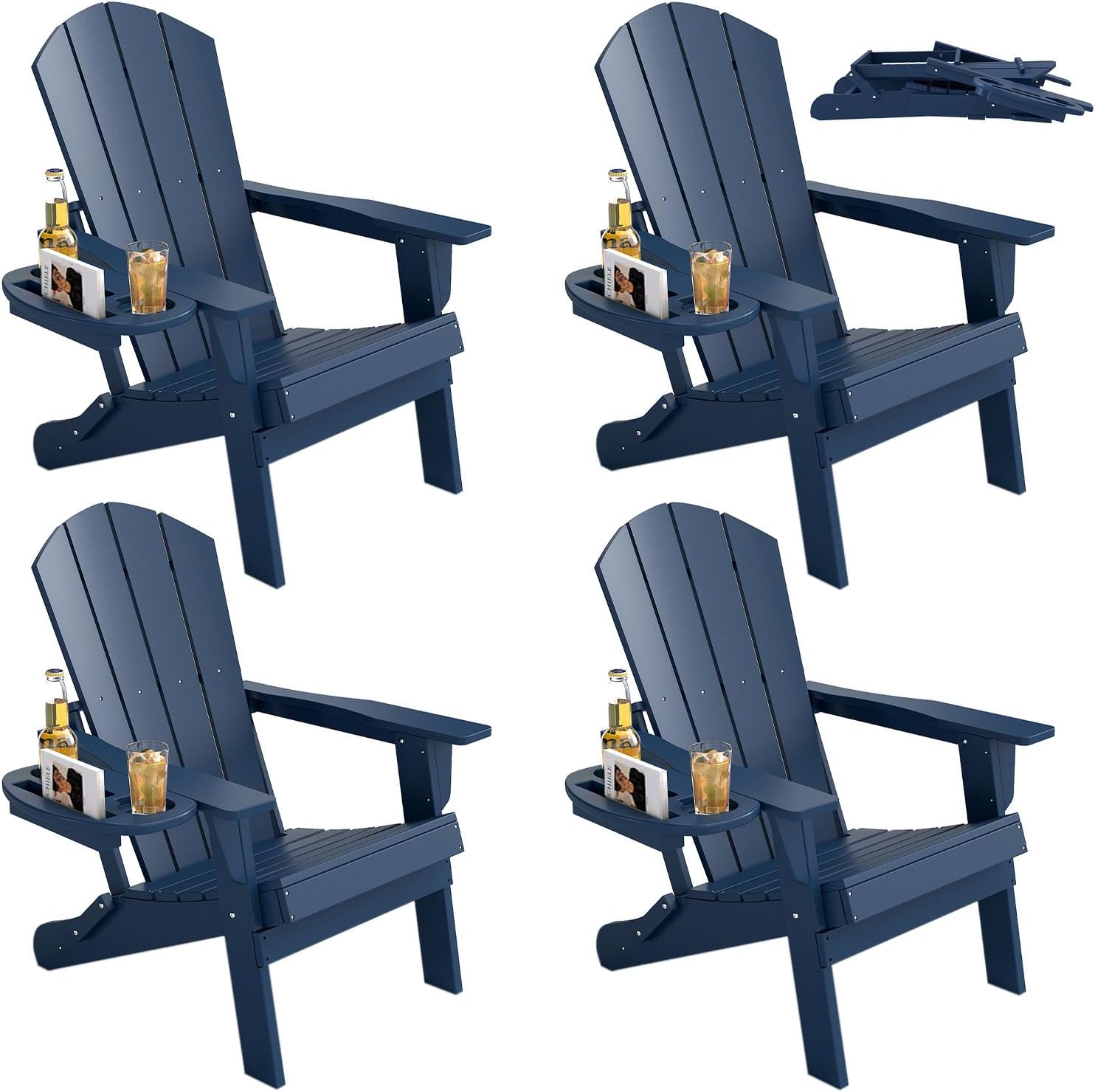 FOOWIN Folding Adirondack Chair Set of 4, HDPE Adirondack Chairs with Cup Holder, Weather Resistant Plastic Fire Pit Chairs for Outdoor, Patio, Lawn, Garden, Backyard, Deck, Dark Blue