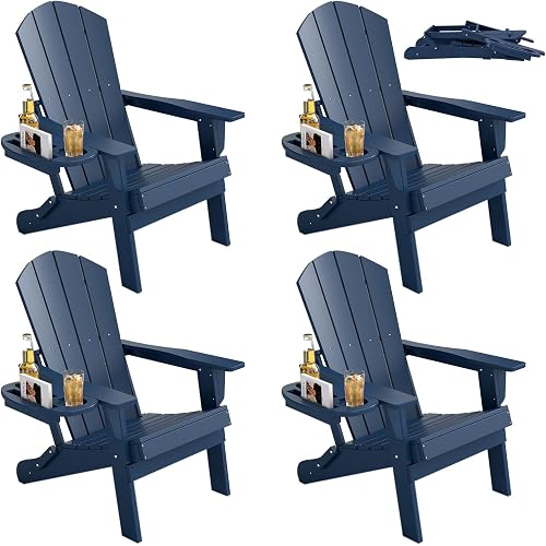 FOOWIN Folding Adirondack Chair Set of 4, HDPE Adirondack Chairs with Cup Holder, Weather Resistant Plastic Fire Pit Chairs for Outdoor, Patio, Lawn, Garden, Backyard, Deck, Dark Blue