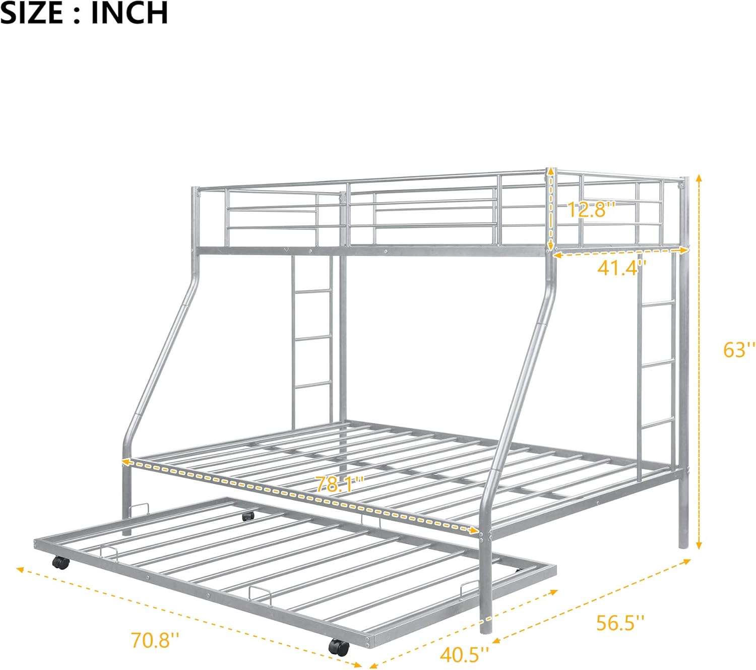 Rhomtree Metal Bunk Beds Twin Over Full Size Metal Bed Frame with Twin Size Trundle No Box Spring Needed for Kids Teens Boys Girls (Sliver)