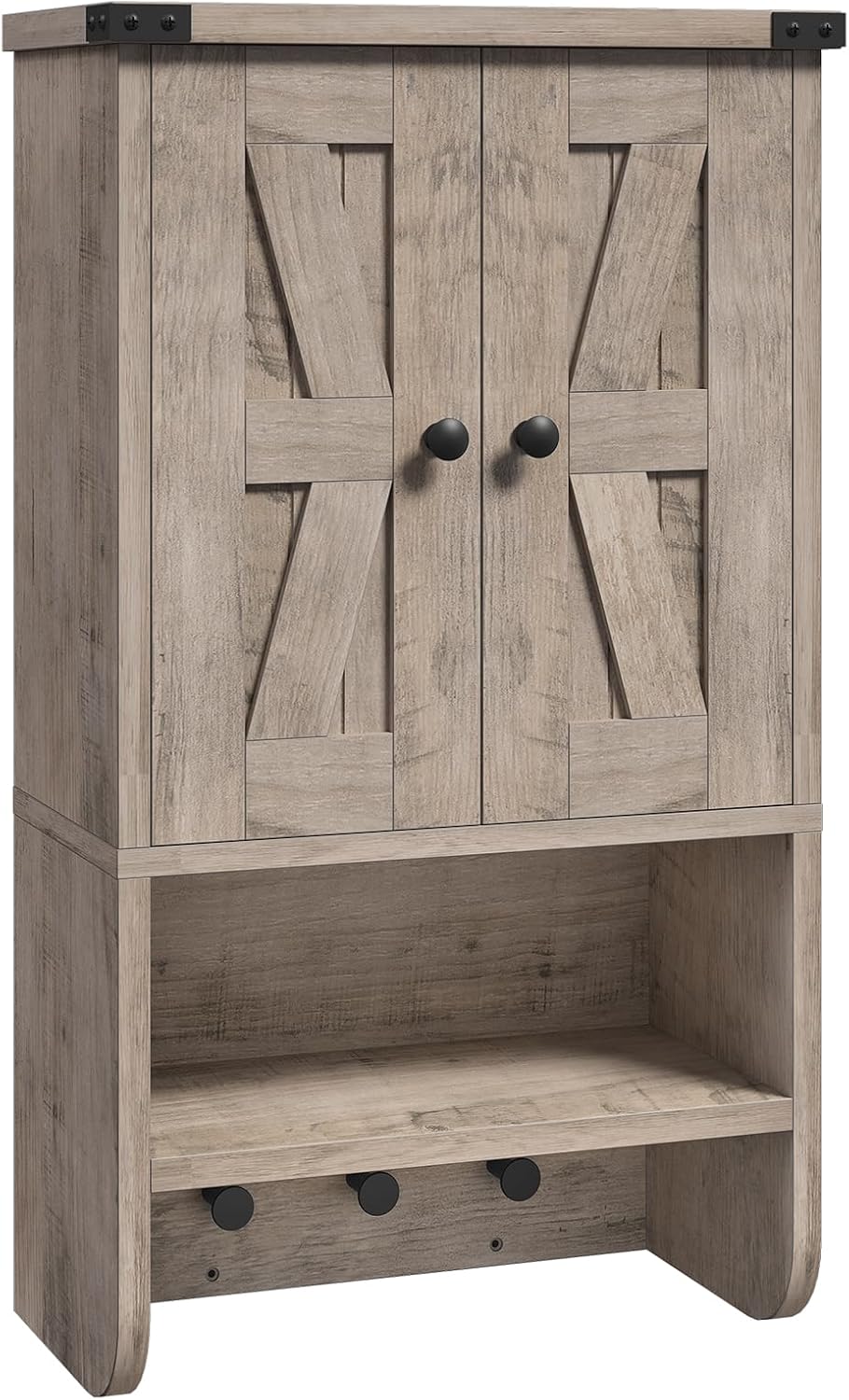 MAHANCRIS Bathroom Wall Cabinet, Farmhouse Medicine Cabinet with Adjustable Shelf, 3-Tier Wall-Mounted Storage Cabinet with 3 Hooks and Open Shelf, for Bathroom, Living Room, Kitchen, Greige