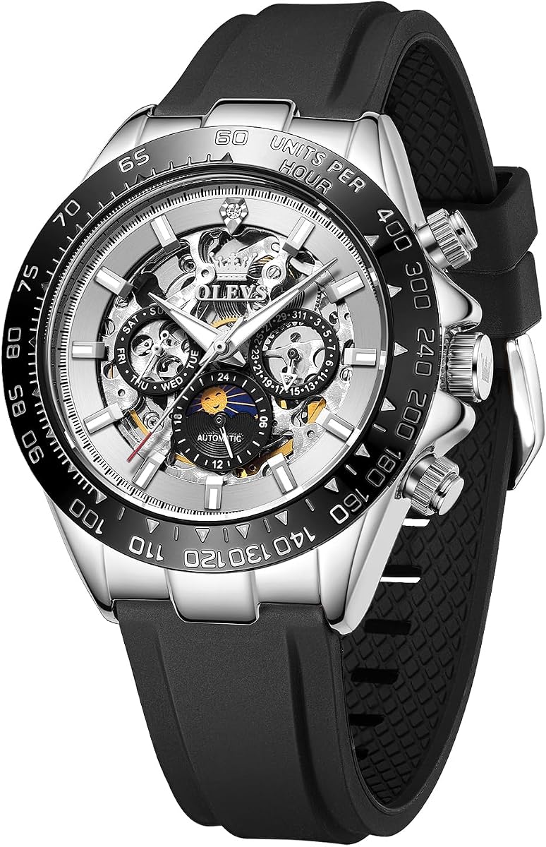 Relojes automáticos de cuerda automática OLEVS para hombre Vestido de lujo mecánico de esqueleto impermeable Fase lunar Cronógrafo Tourbillon Reloj de pulsera luminoso de acero inoxidable