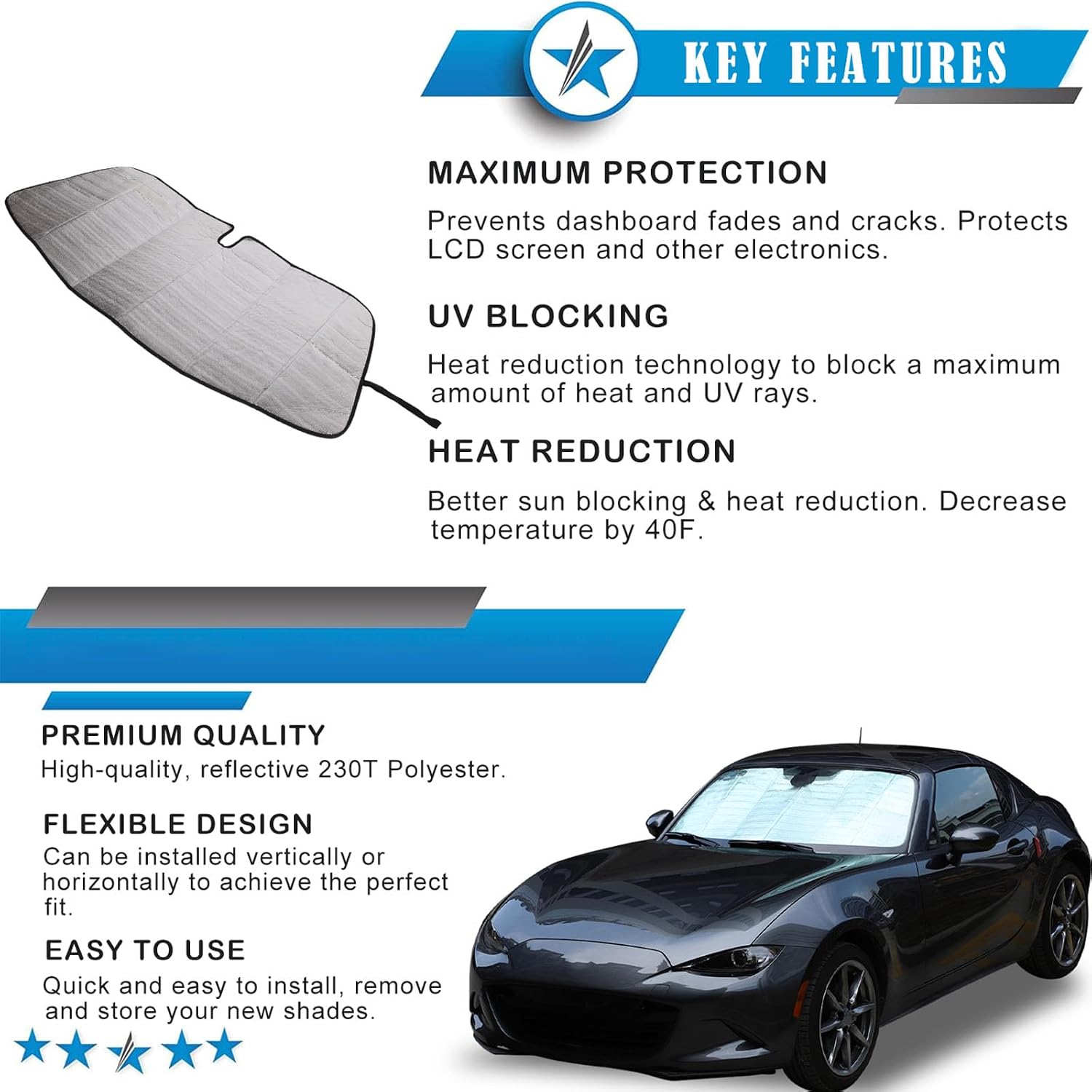 The Original Windshield Sun Shade for Mazda MX-5 ND Fiat Abarth 124 2016 2017 2018 2019 2020 2021 2022 2023 2024 2025+ Car Windshield Reflective Sunshade Protector Sun Shade Accessories (Silver)