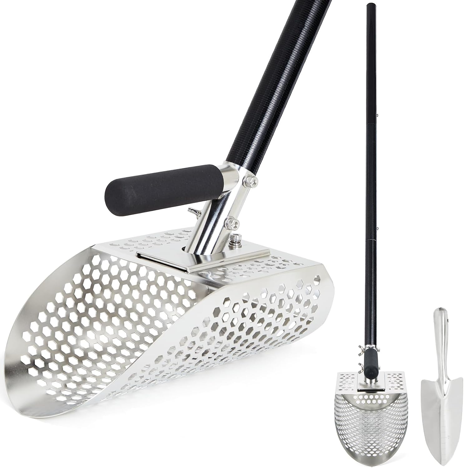 Sand Scoop for Metal Detecting, Metal Detector Scoop with Long Fiberglass Handle, Stainless Steel Sand Sifter for the Beach, Sand Flea Rake, Metal Detector Accessories, Metal Detecting Shovel