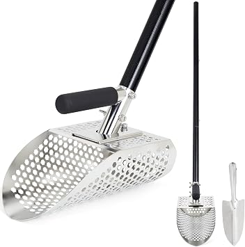 Sand Scoop for Metal Detecting, Metal Detector Scoop with Long Fiberglass Handle, Stainless Steel Sand Sifter for the Beach, Sand Flea Rake, Metal Detector Accessories, Metal Detecting Shovel