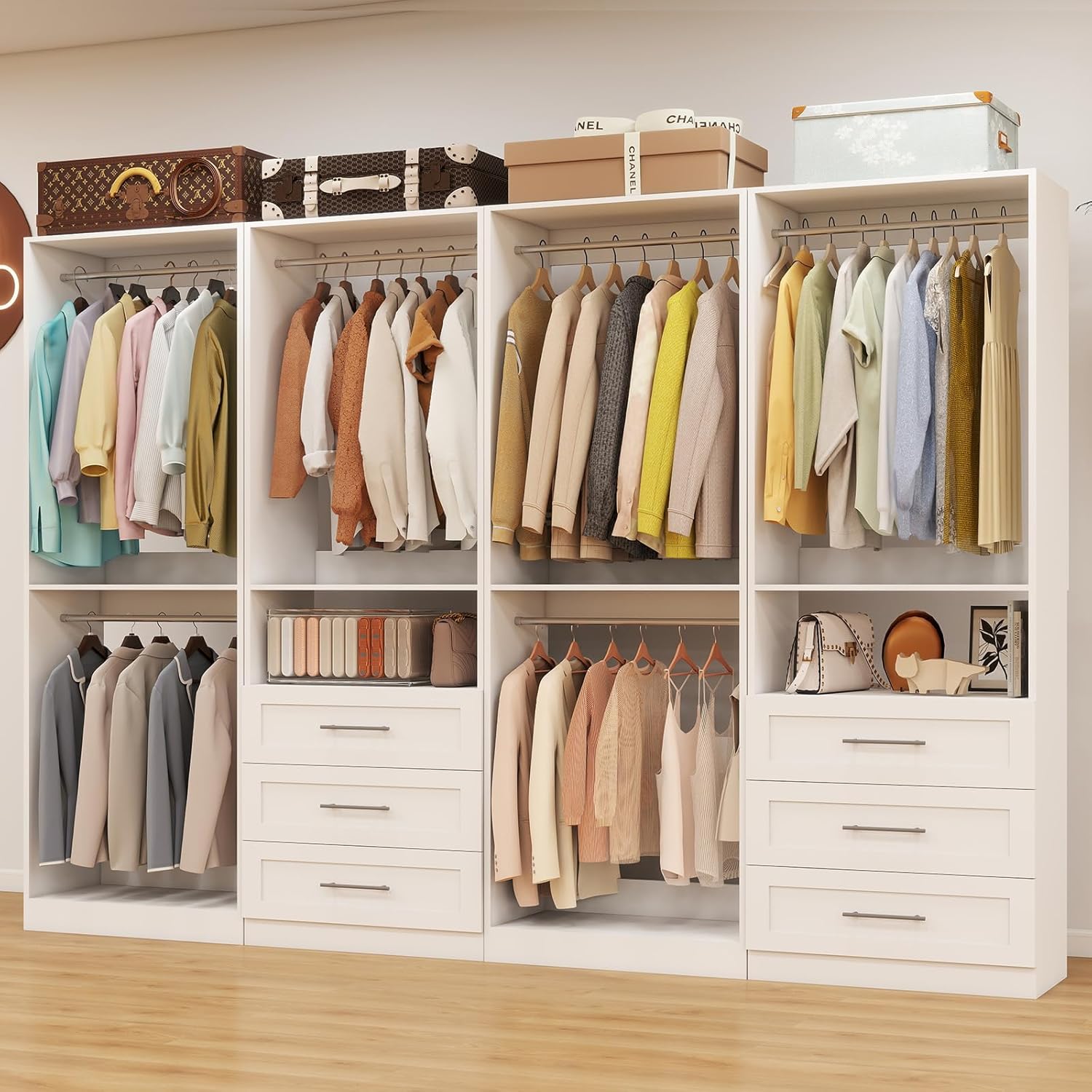 Closet System with 2 Sets, 4FT Closet Organizer Systems with 3 Wooden Drawers & 5 Hanging Rods, Walk in Closet Standalone Corner Closet System Modular Closet System Set White (4FT)