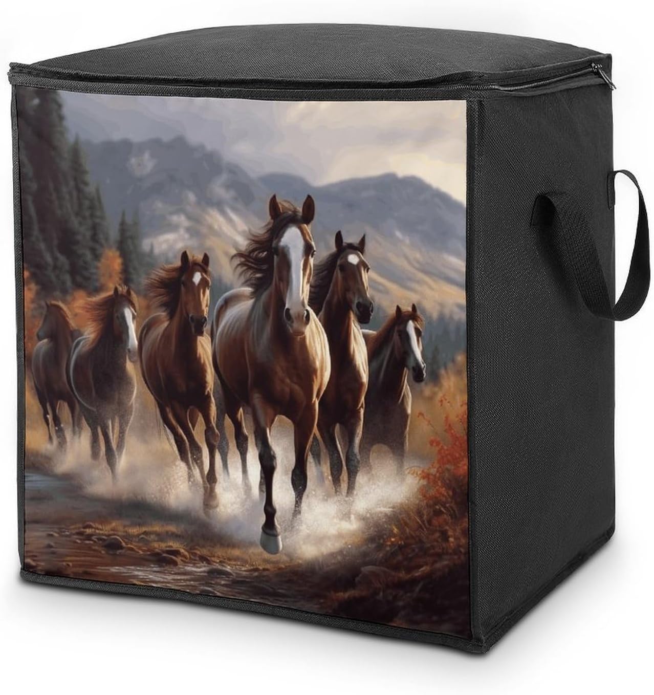 Horses Storage Bag with Zippers And Handle Extra Large Bedding Comforter Storage Bag Foldable Blanket Storage Bags Fabric Moving Bags for Closet Organizer (70L)