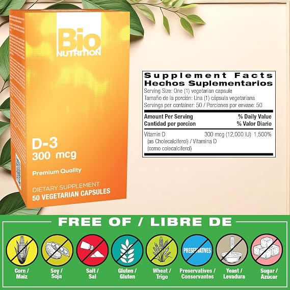 Bio Nutrition Vitamin D3 12,000 IU Vegi-Caps, 50 Count
