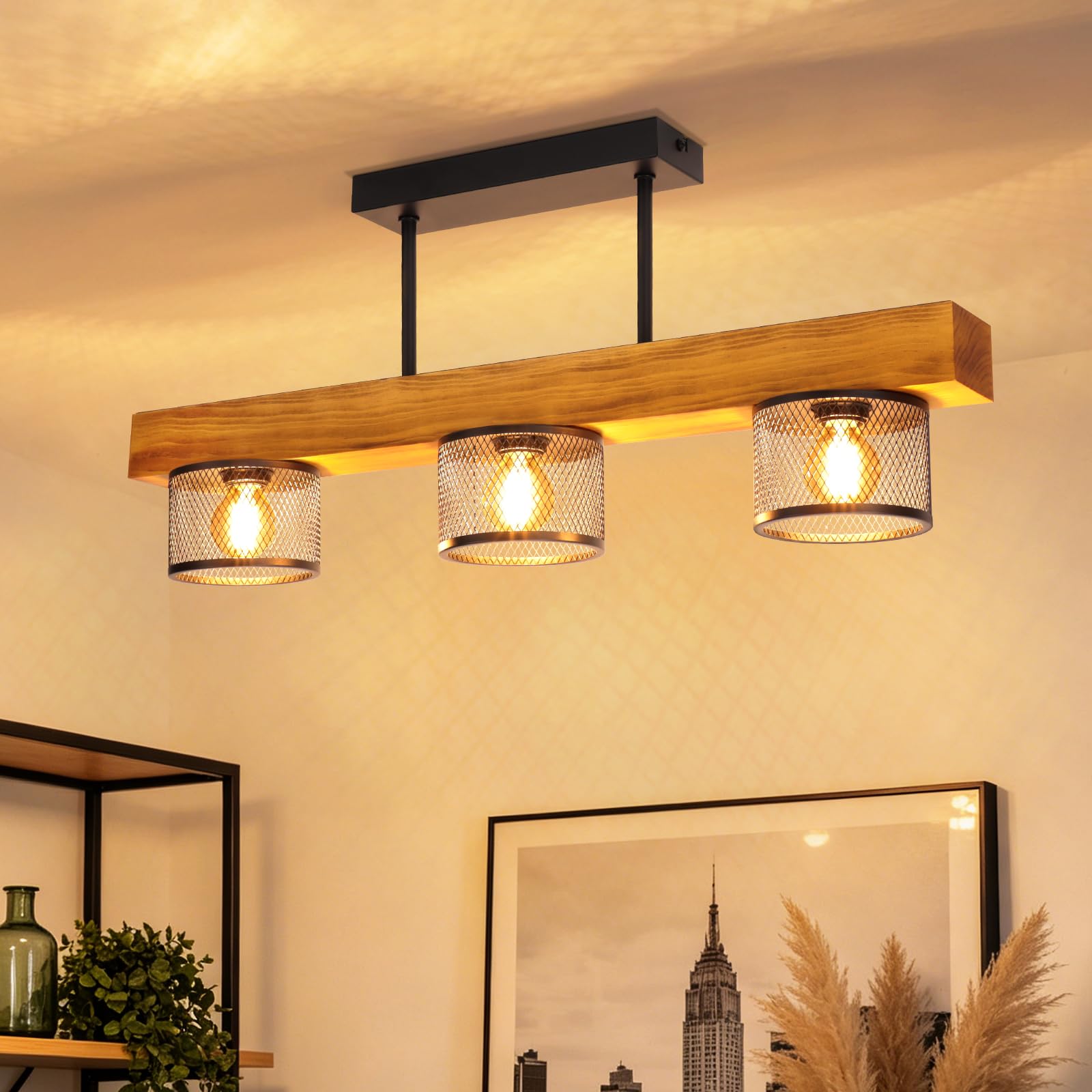 ZMH Deckenlampe Vintage Holz E14 Deckenlampe: Wohnzimmerlampe 3 flammig aus Metall-Gitterschirm im Industrial Design Küchenlampe Decke für Esstisch Wohnzimmer Küche Schlafzimmer (Ohne Leuchtmittel)