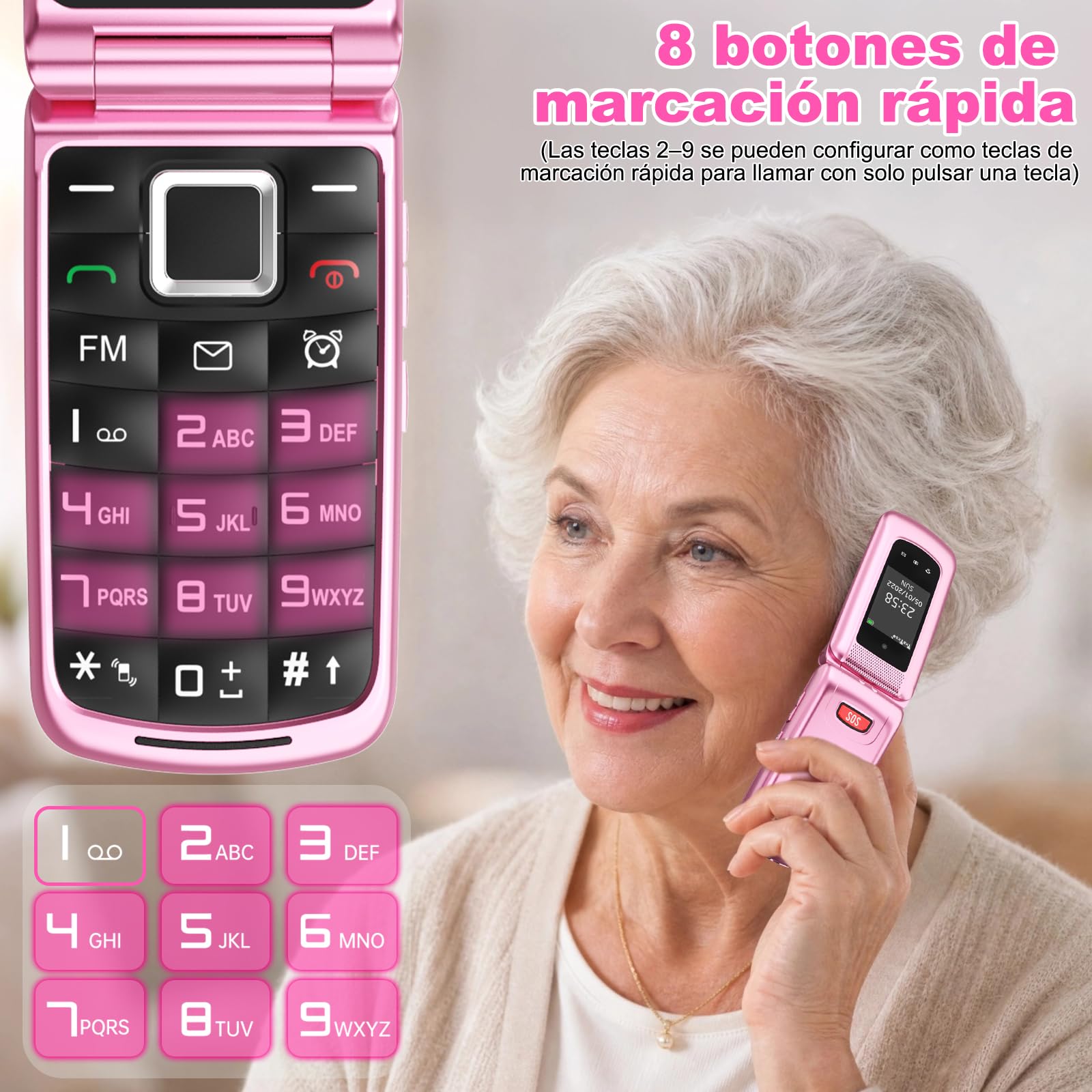 4G Telefono Movil para Mayores Libre | Teclas Grandes | Fácil de Usar Teléfono Móvil Personas Mayores| Doble SIM Doble Pantalla LCD | Locución por Voz |Botón SOS| Base Cargadora| Batería 1000mah|Rosa