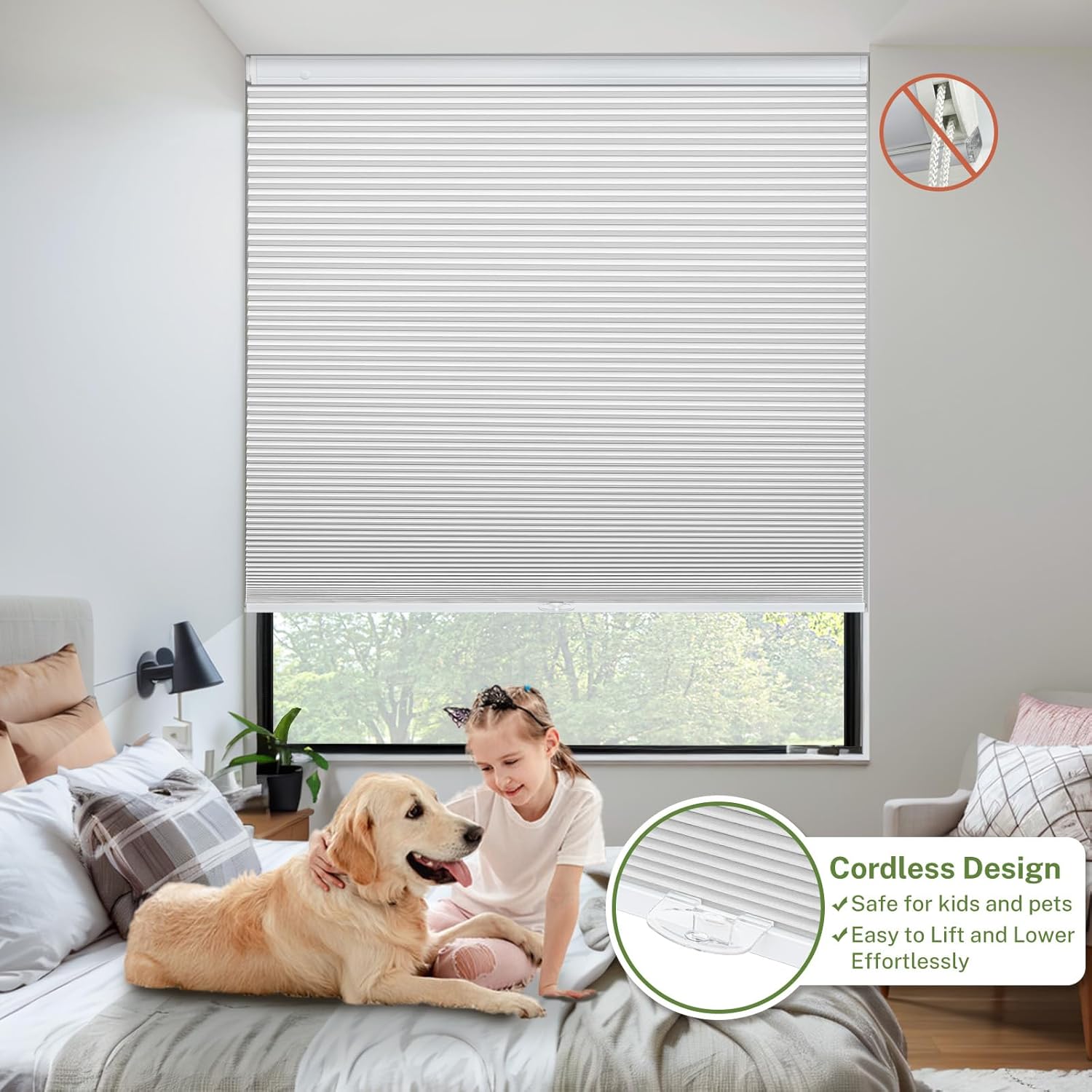 MiLin Cordless Cellular Shades - No Drill Cellular Blinds No Tools for Windows Bottom Up Blinds Tension Shades Easy to Install for Home Office (Upgrade Blackout White, 34 1/2" W x 64" H)
