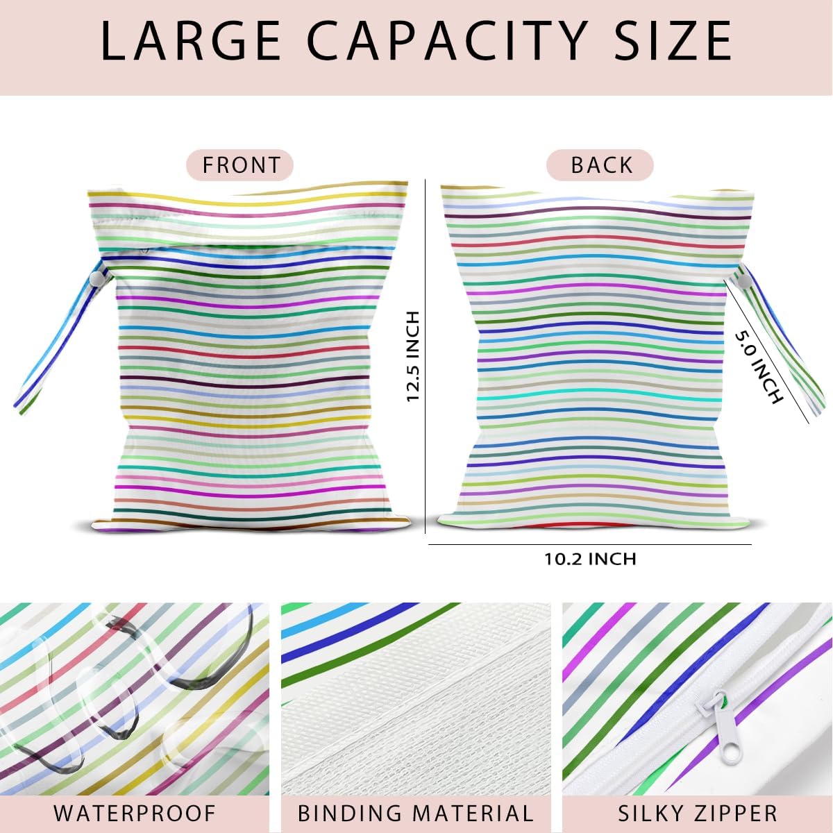 Wet Bag, 4Pcs Wet Dry Bag Set, Reusable Waterproof Bags with Wavy, Rainbow Stripe, Multi-Color Line & Blue White Stripe Prints for Women, Versatile for Beach, Pool & Daily Use