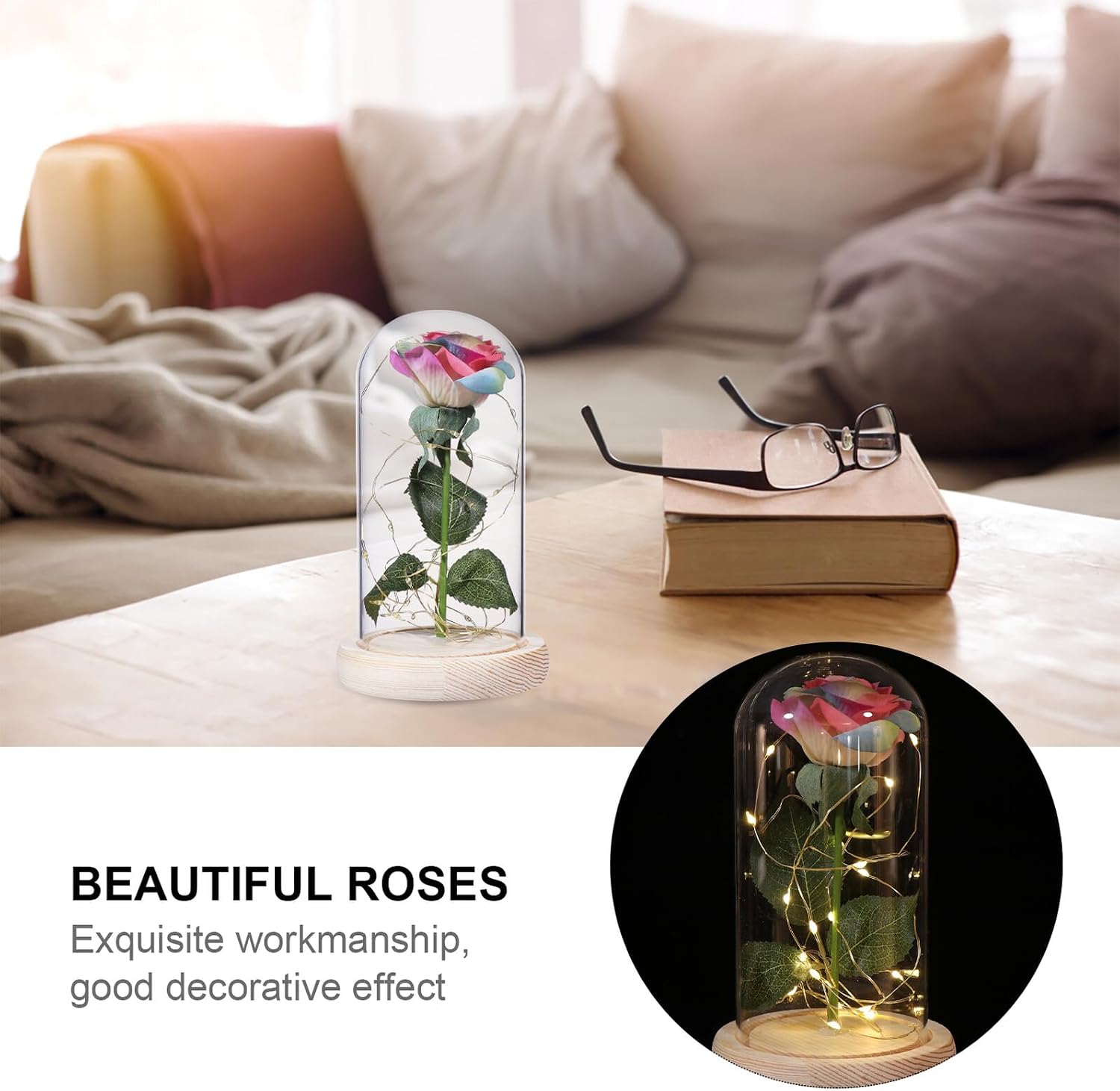 KICHOUSE Preserved Decoration with Glass Dome LED Light, Colorful Rose in Light Base, Valentines Day Floral Home Décor Box