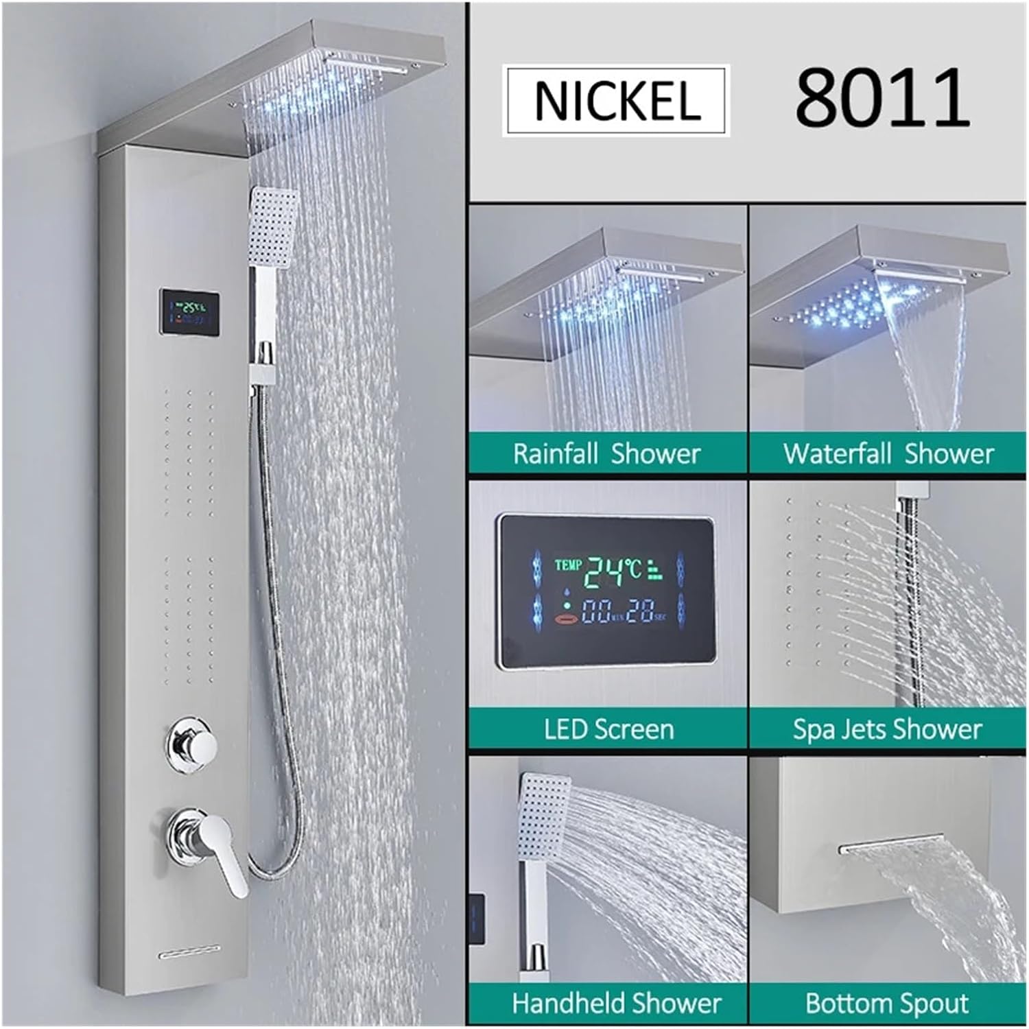 Shower Panel Tower System Rain Waterfall Shower Column Hydroelectricity LCD Display(Nickel 8011)
