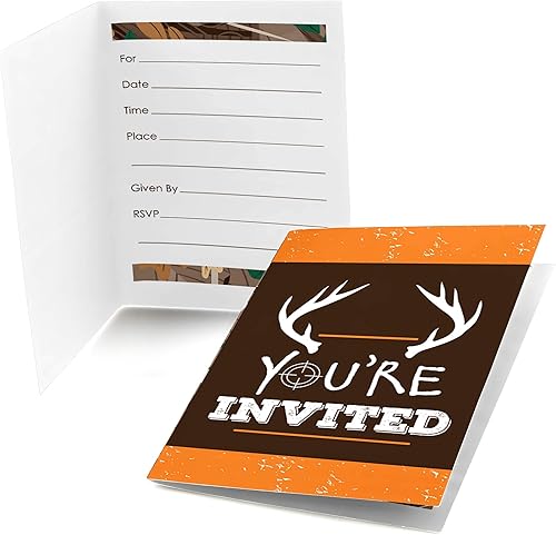 Big Dot of Happiness Gone Hunting - Rellena las invitaciones de camuflaje para baby shower o fiesta de cumpleaños (8 unidades)