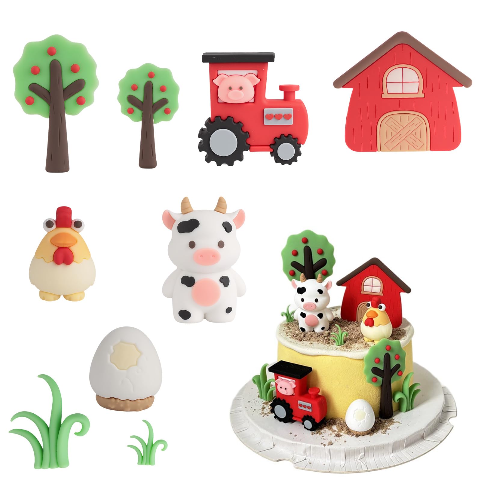 7pcs Farm Theme Cake Decorations - Farm Animal Cake Toppers for kids, with Cow, Chicken, Tractor, Fruit Tree, Egg, Grass, and House Birthday Decorations, Farm Theme Party Dessert Decorations