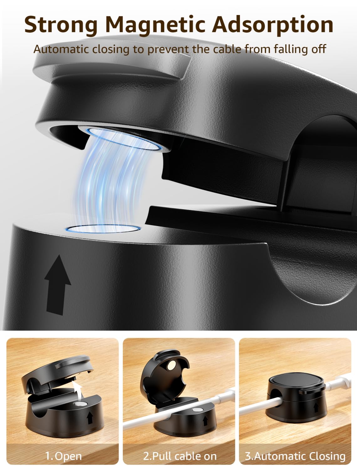 Clips magnéticos para cables, paquete de 12 unidades compactos [bloqueo de 1 segundo] soporte de cable [suave ajustable], soporte de cable de teléfono para mesita de noche, organizador de