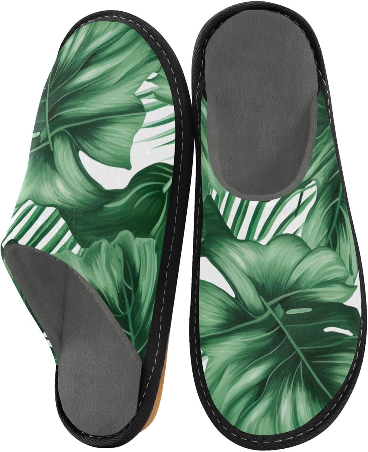 Summer Palm Tree Leaves House Slippers – Cozy Fuzzy Slippers for Guests, Washable & Disposable, Perfect for Shoeless Home, Spa & Hotel Use A110105