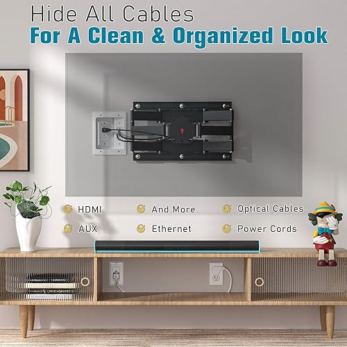 Miniatura 2 de Ocultacables de TV para TV montada en pared, kit de gestión de cables en pared, caja de tomacorriente – Ocultacables de doble tomacorriente con