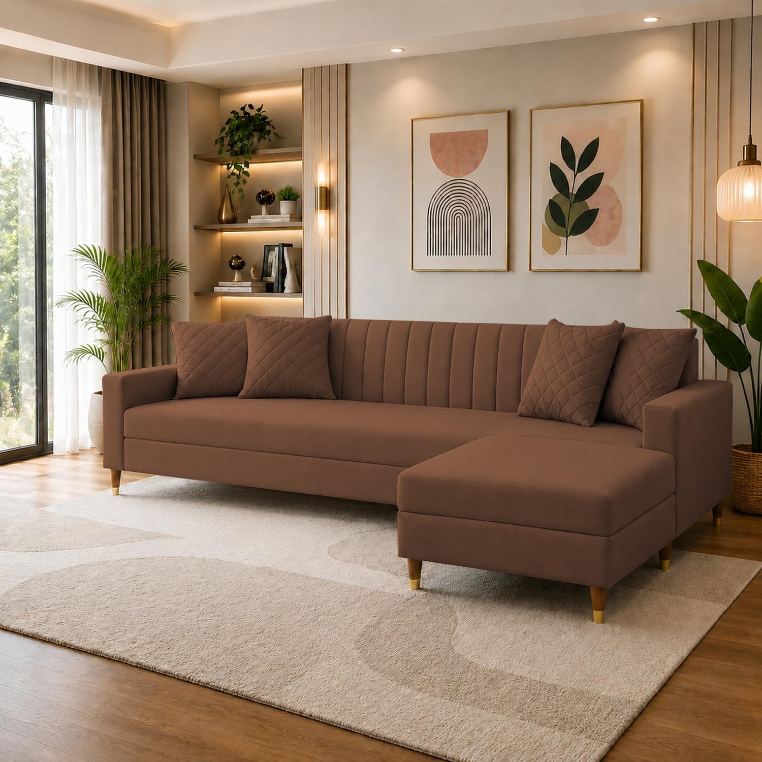 Casaliving Grejoy 4 Seater L Shape Convertible Sofa Set for Living Room, 3 Seater & Ottoman Modular Sectional Couch for Small Space (Brown) Colour Premium Velvet Fabric Sofa-image-40