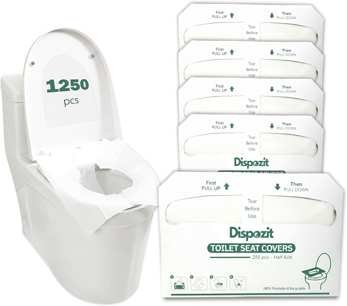 1250 Pcs Disposable Flushable Toilet Seat Covers (5 Packs of 250 Pcs) | 100% Biodegradable Commercial Toilet Seat Covers | Half-Fold Wall Dispenser Compatible | DISPOZIT Safe Liners