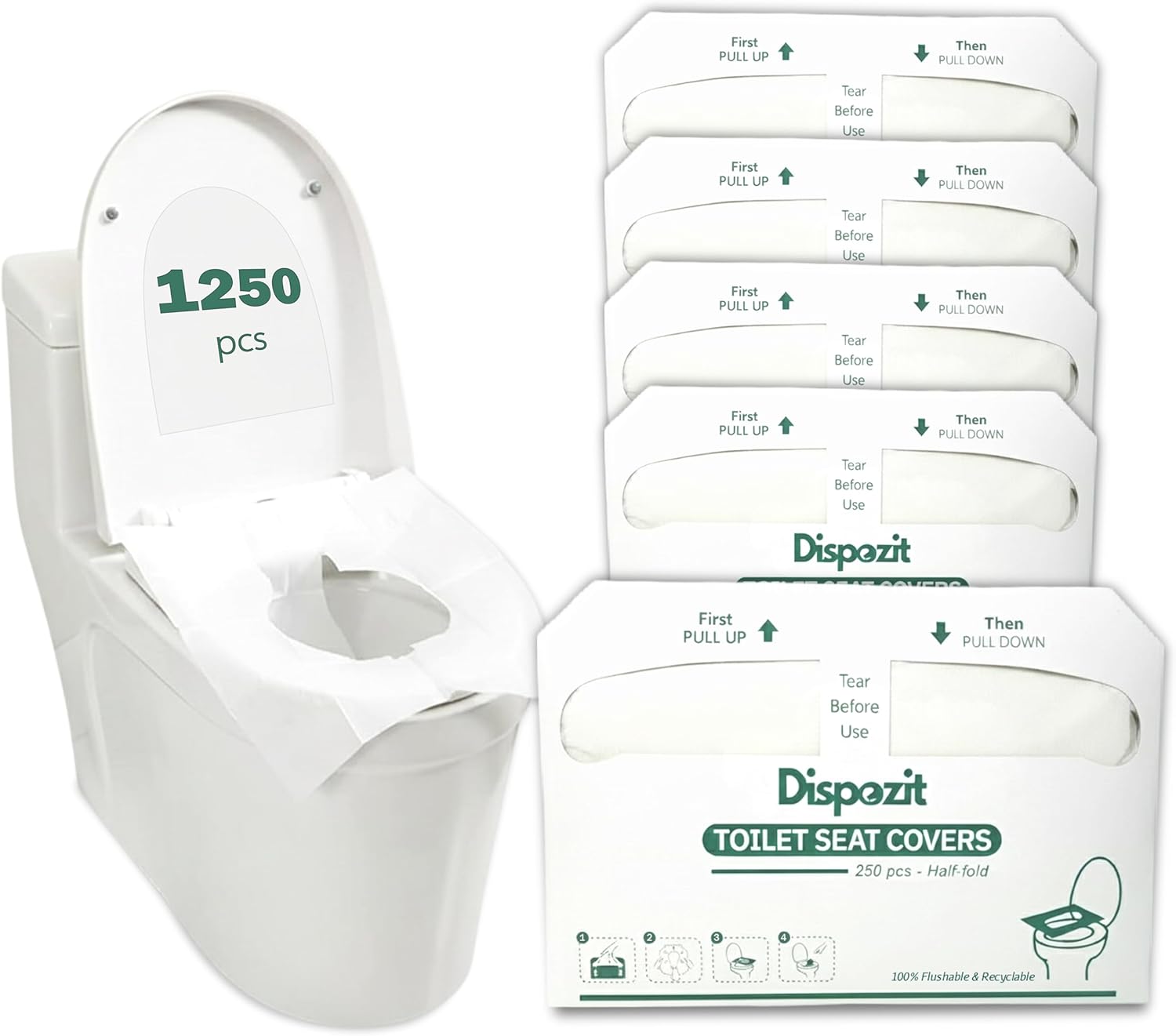 1250 Pcs Disposable Flushable Toilet Seat Covers (5 Packs of 250 Pcs) | 100% Biodegradable Commercial Toilet Seat Covers | Half-Fold Wall Dispenser Compatible | DISPOZIT Safe Liners