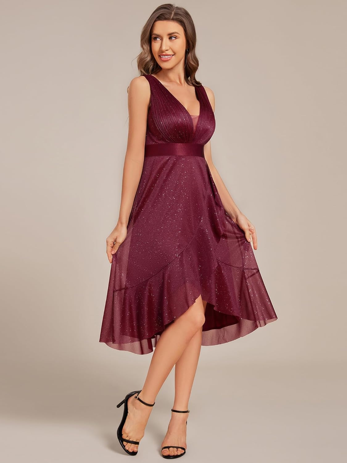 Ever-Pretty Women's V Neck Hi-Lo Sleeveless Glitter Pleated Ruffles Midi Cocktail Dress 54159 - Image 3