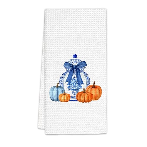 Chinoiserie Fall Pumpkin Kitchen Towels, Blue and White Porcelain Pumpkins