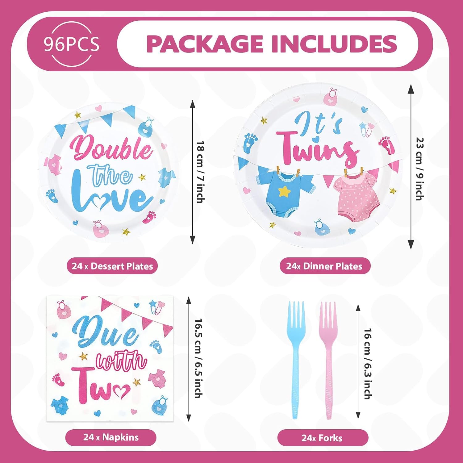 96 Pcs Twins Baby Shower Party Decorations Pink and Blue Paper Plates and Napkins Twins Birthday Disposable Tableware Set for Twin Boy and Girl Gender Reveal Baby Shower Party Supplies Serves 24