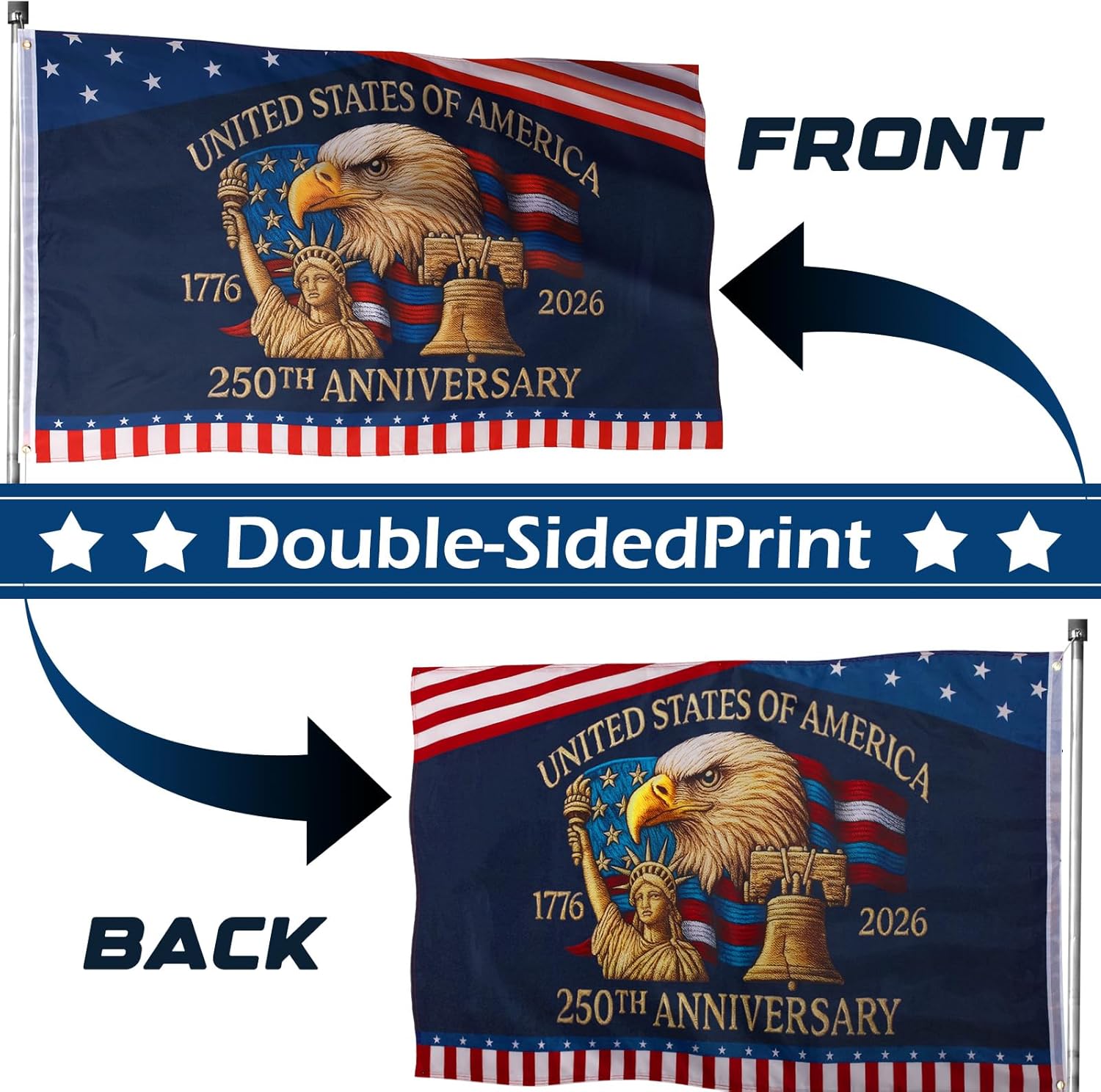 USA 250th Anniversary Flag Double Sided 3 x 5 ft Anniversary United States Semiquincentennial Grommet Independence Day 4th of July Patriot Outdoor Garden Banner(Liberty)