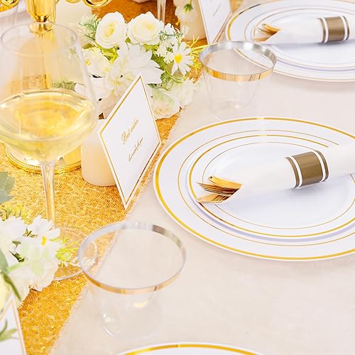 Miniatura 6 de DaYammi Juego de vajilla de plástico dorado de 350 piezas para 50 invitados, platos de Navidad desechables, incluye 50 platos llanos, 50 platos de