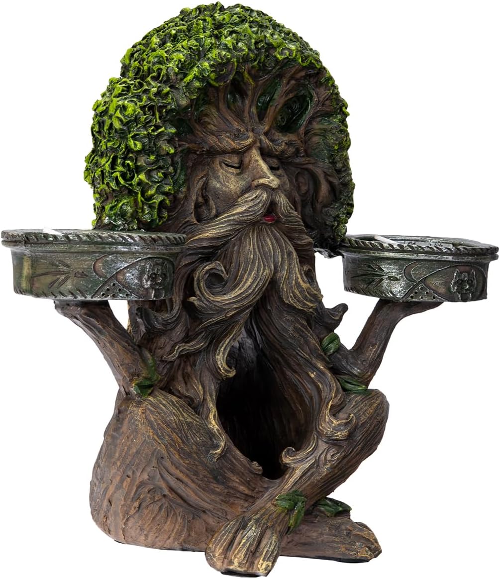 Pacific Giftware ENT Green Man Backflow Incense Cone Burner and Tea Light Holder, Decorative Mythical Forest Spirit Face Design, Dual Candle Holder Resin Home Decor 6.69" H