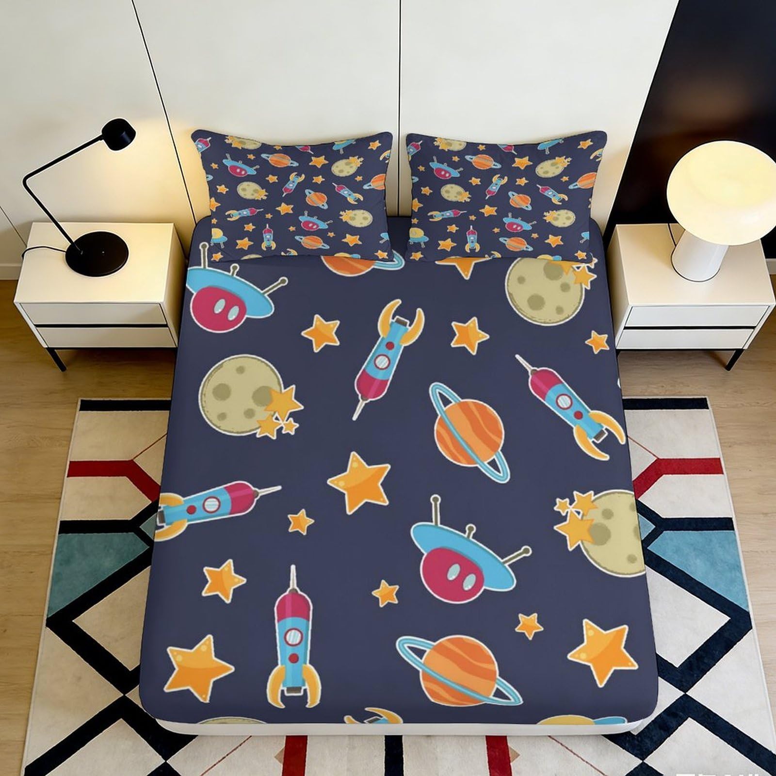 3D Printed Space Rocket Fitted Sheet Microfiber Soft Decor Star Planet Bed Cover for Bedroom Dorm Guest Room 90x200x25cm
