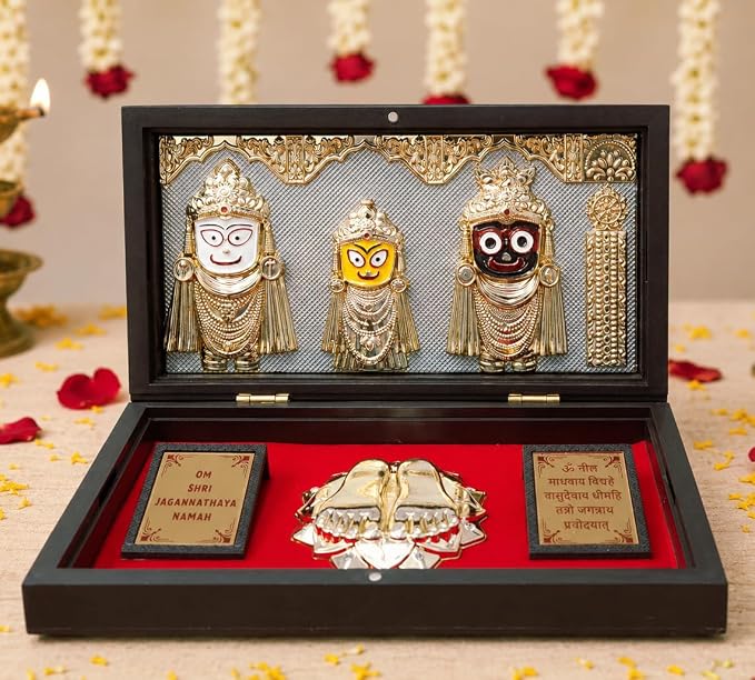 ARNAVIRA Lord Jagannath Balabhadra Subhadra Gold Plated Photo Frame with Charan Paduka Pocket Temple for Diwali Gift, House Warming Gifts, Return Gift Puja Box (Brown Gold, Jai Jagannath)