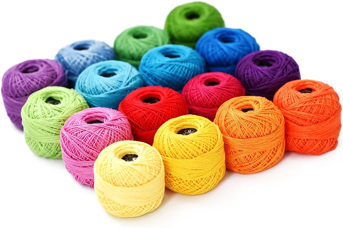 16-pack Crochet Thread Set Balls 100% Long-Staple Cotton Rainbow Colors of Size 8 Thread for Crochet Hardanger Cross Stitch Needlepoint Hand Embroidery