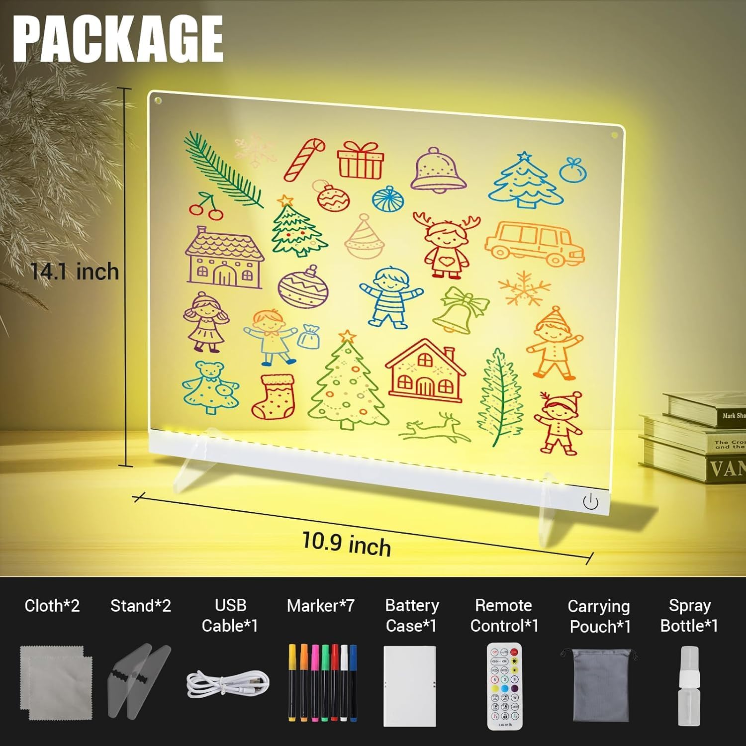 LED Note Board with Colors 12-Color Illuminated Acrylic Drawing Board - Dry-Erase Night Light with Stand for Home/Office/Gift/Festival (12" W x 7.9" H) 12"W x 7.9"H