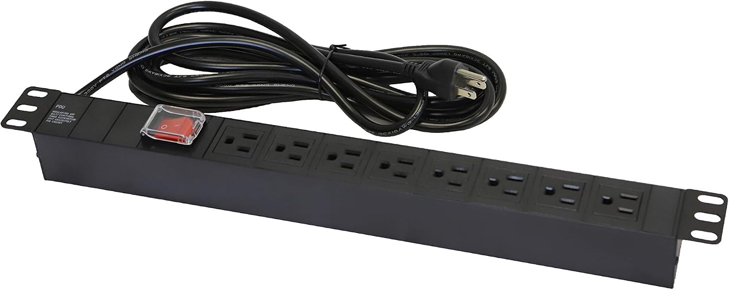Rack Mount Server Network PDU Power Strip, 8 Outlets, 12 ft. Cord, 15A, 1U Rack-Mount Metal Slim Design