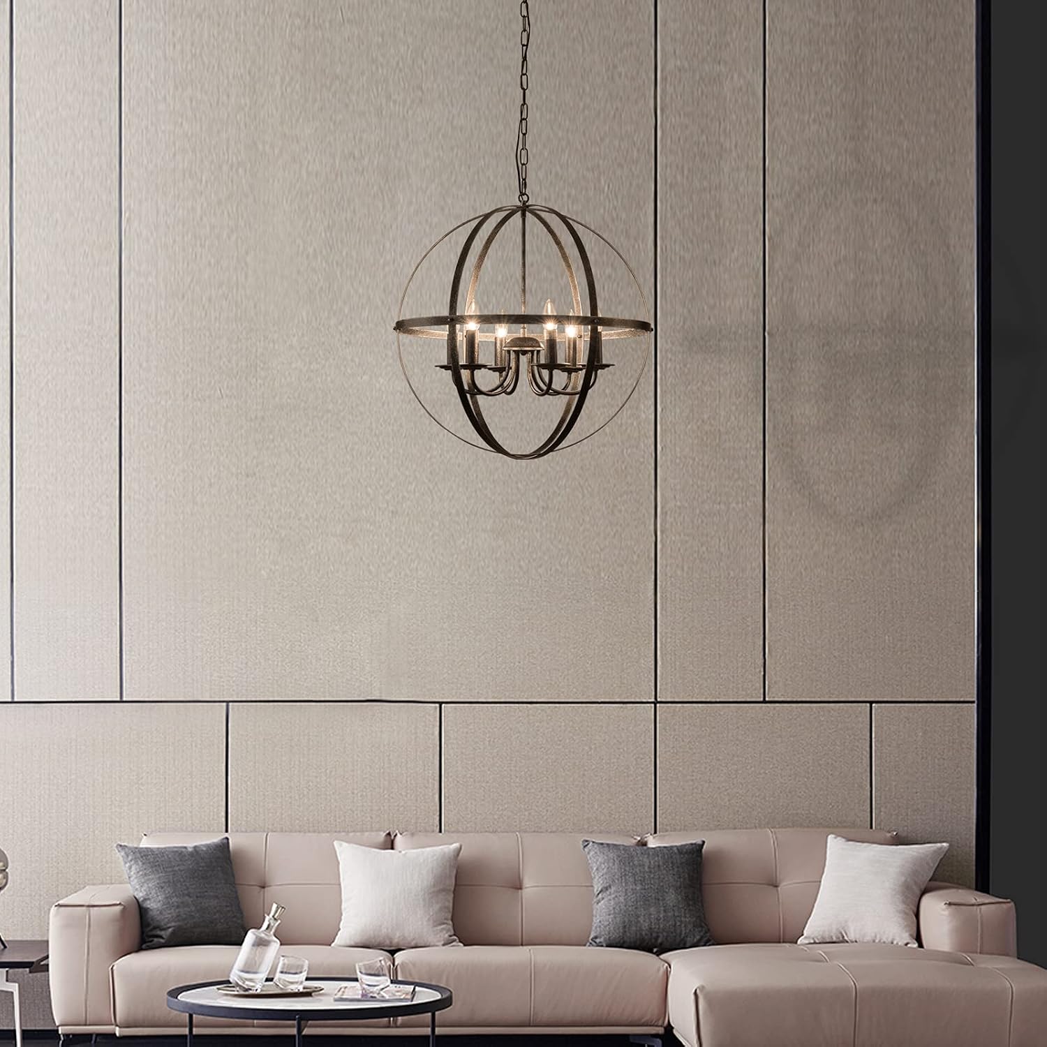 Maxax 6-Light Globe Chandeliers, Black Pendant Light Fixture with Adjustable Ceiling Hanging, 23.6'' Industrial Sphere Cage Chandeliers for Dining Room, Kitchen Island, Living Room, Bedroom