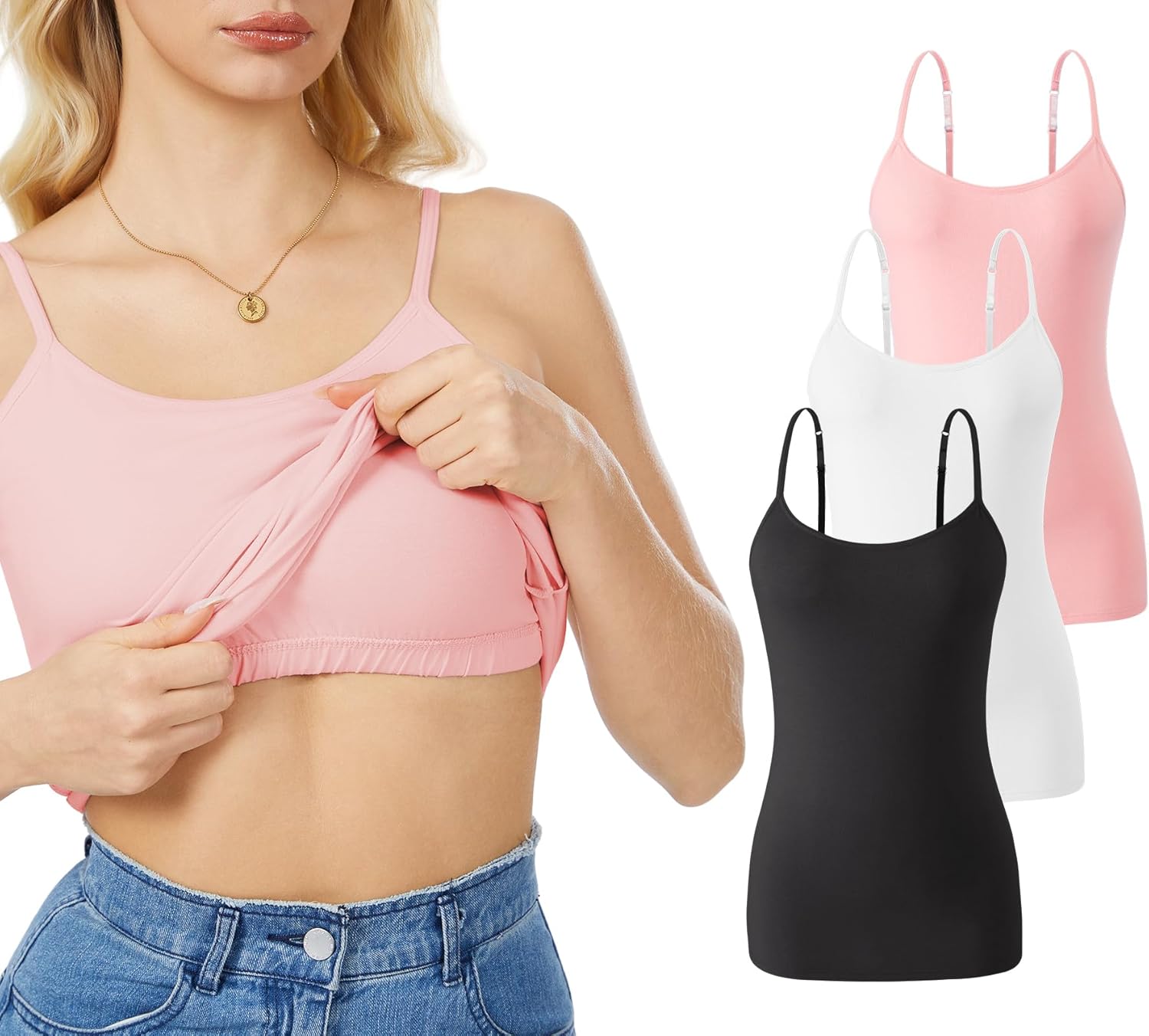 Rosyline 3 Piece Womens Cotton Camisole Built in Bra Tank Top Adjustable Spaghetti Strap Undershirt