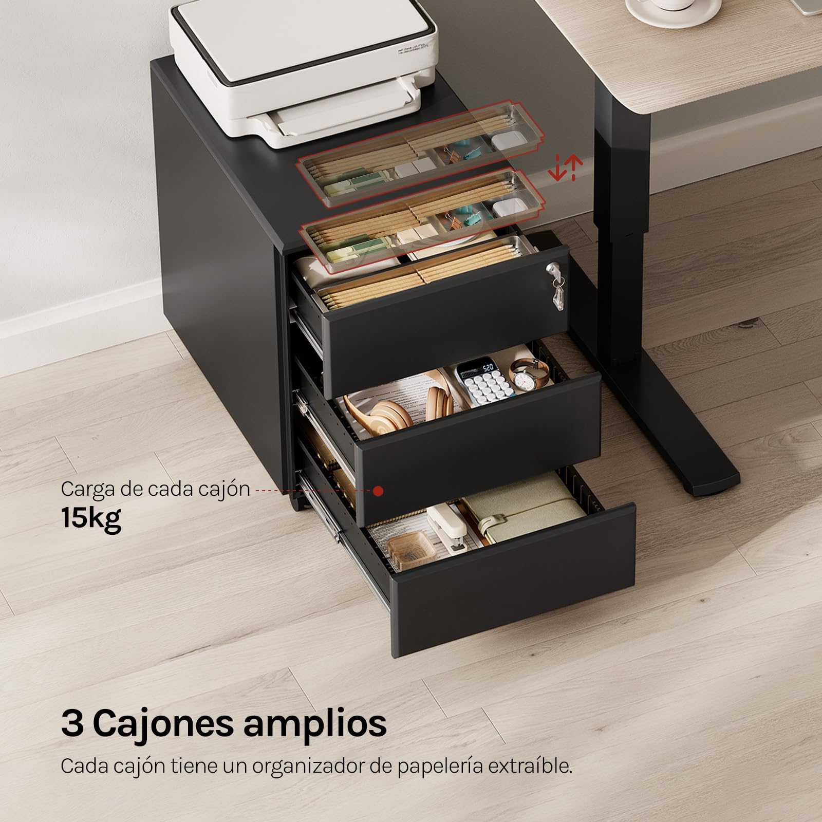 WOLTU Cajonera de Oficina Armario Archivador Móvil con Cerradura, Cajonera con Ruedas para Archivos A4 Carpetas Colgantes, Mueble Archivador Metálico para Oficina, Negro SK024sz