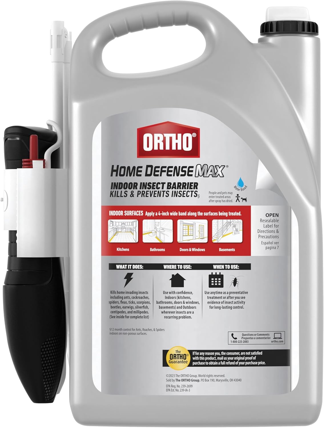 Ortho Home Defense Max Indoor Insect Barrier Extended Reach Comfort Wand Plus Refill Bundle - Indoor Bug Spray, Kills Ants, Roaches, Spiders, and More, 1 gal.