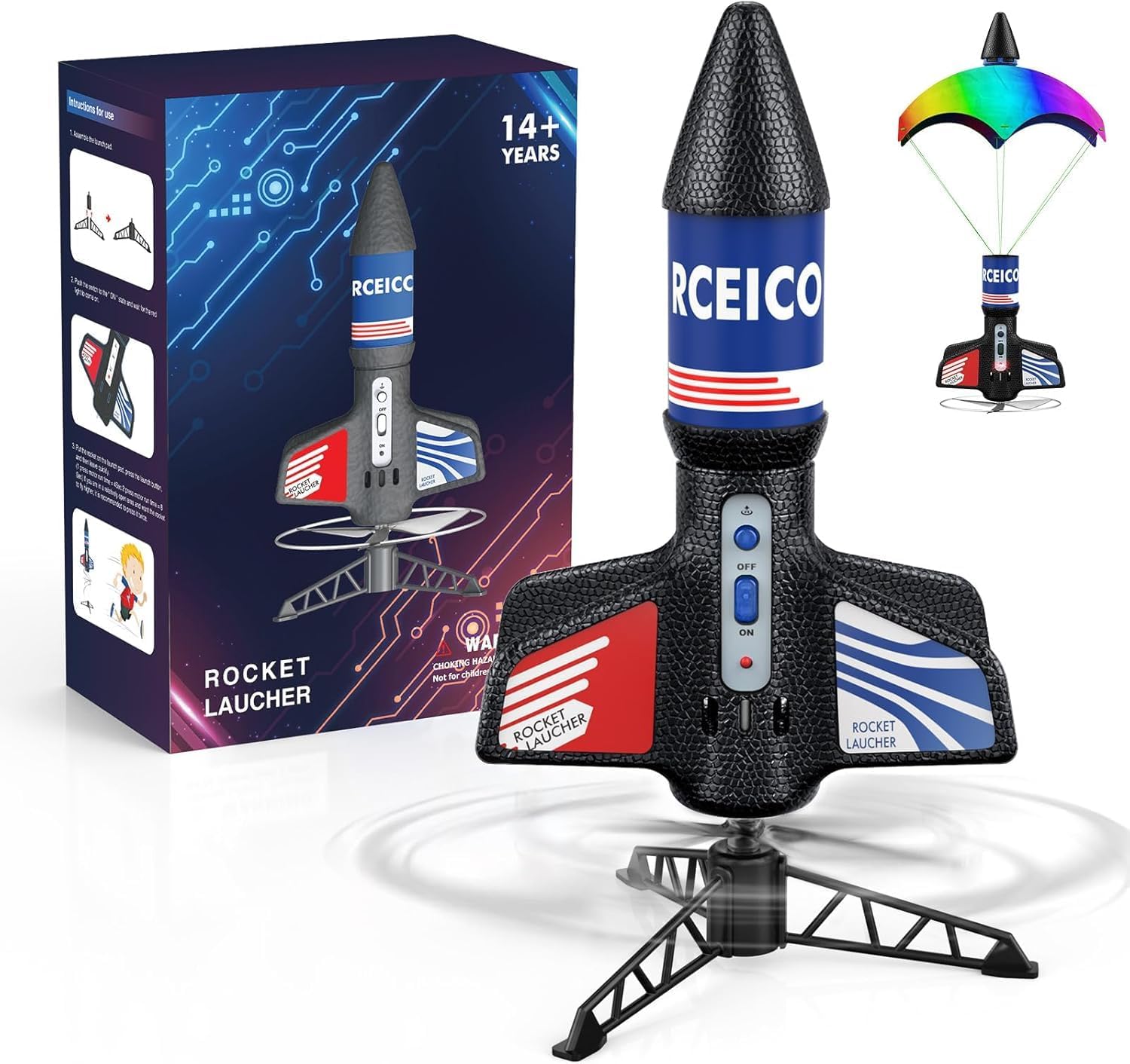 PDBEST Rocket Launcher for Kids with Parachute LED Light, Flight Altitude 200 Feet, Rechargeable Self-Launching Rocket Launch for Ages 8 to14 Gift for Kid Girl and Boys Blue